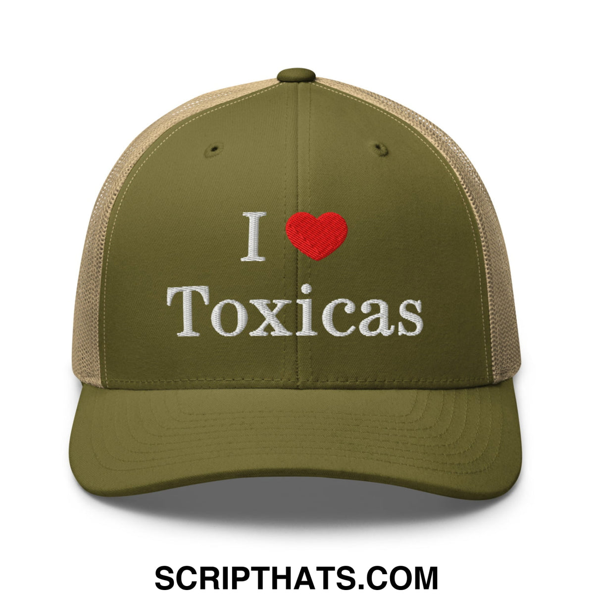 Olive green and beige mesh trucker hat with white embroidered i heart toxicas text and red heart design