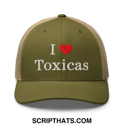Olive green and beige mesh trucker hat with white embroidered i heart toxicas text and red heart design