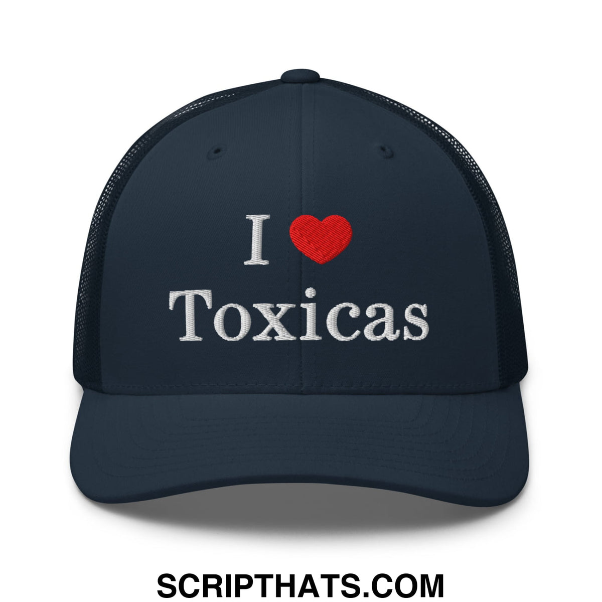 Dark navy mesh trucker hat with white embroidered i heart toxicas text and red heart symbol design