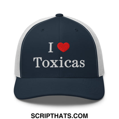 Navy blue and white mesh trucker hat with silver embroidered i love toxicas text front for casual wear