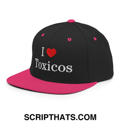 I Love Toxicos Embroidered Flat Bill Brim Snapback Hat Black Neon Pink