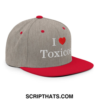 Gray and red snapback cap with i love toxicos embroidered in white on the front flat bill brim hat