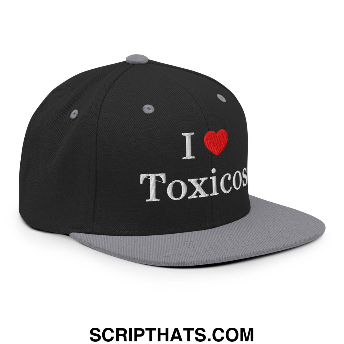 Black snapback cap with gray brim and embroidered i heart toxicos in white and red on front panel
