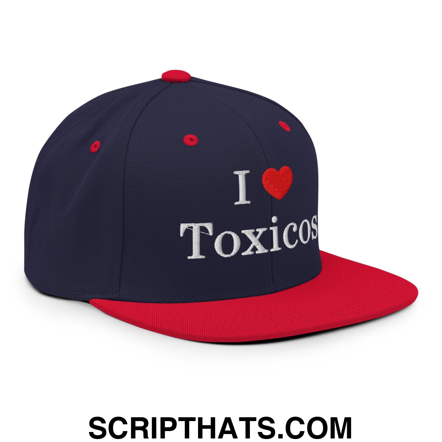 I Love Toxicos Embroidered Flat Bill Brim Snapback Hat Navy Red