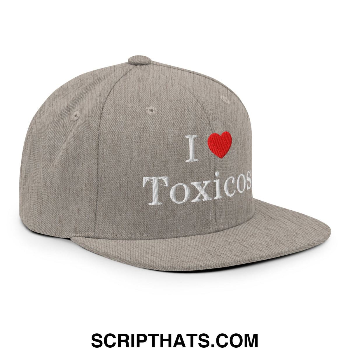 Gray heathered fabric i love toxicos embroidered flat bill brim snapback hat with white text and red heart design