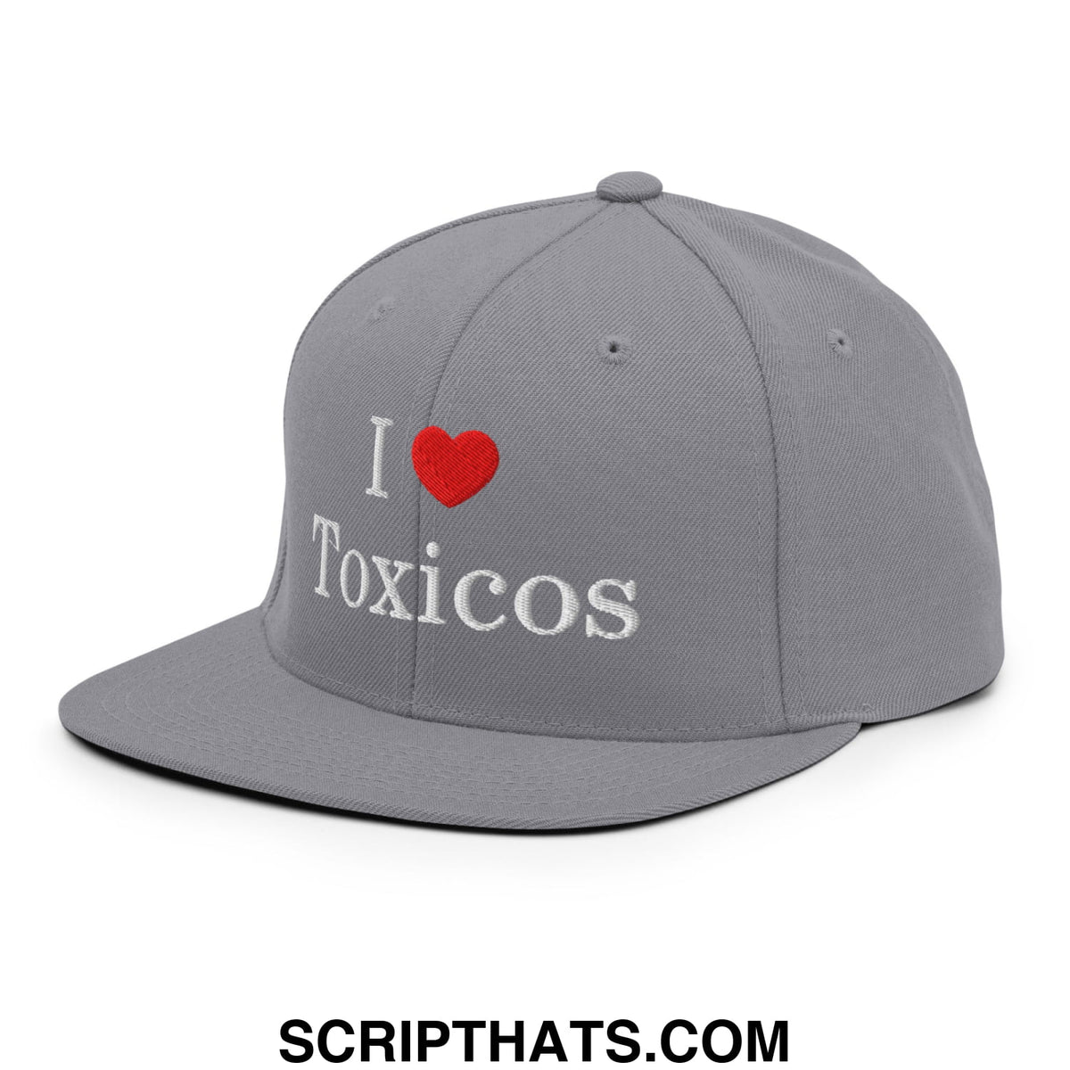 Gray snapback hat with white embroidered i love toxicos text and red heart featuring a flat bill brim