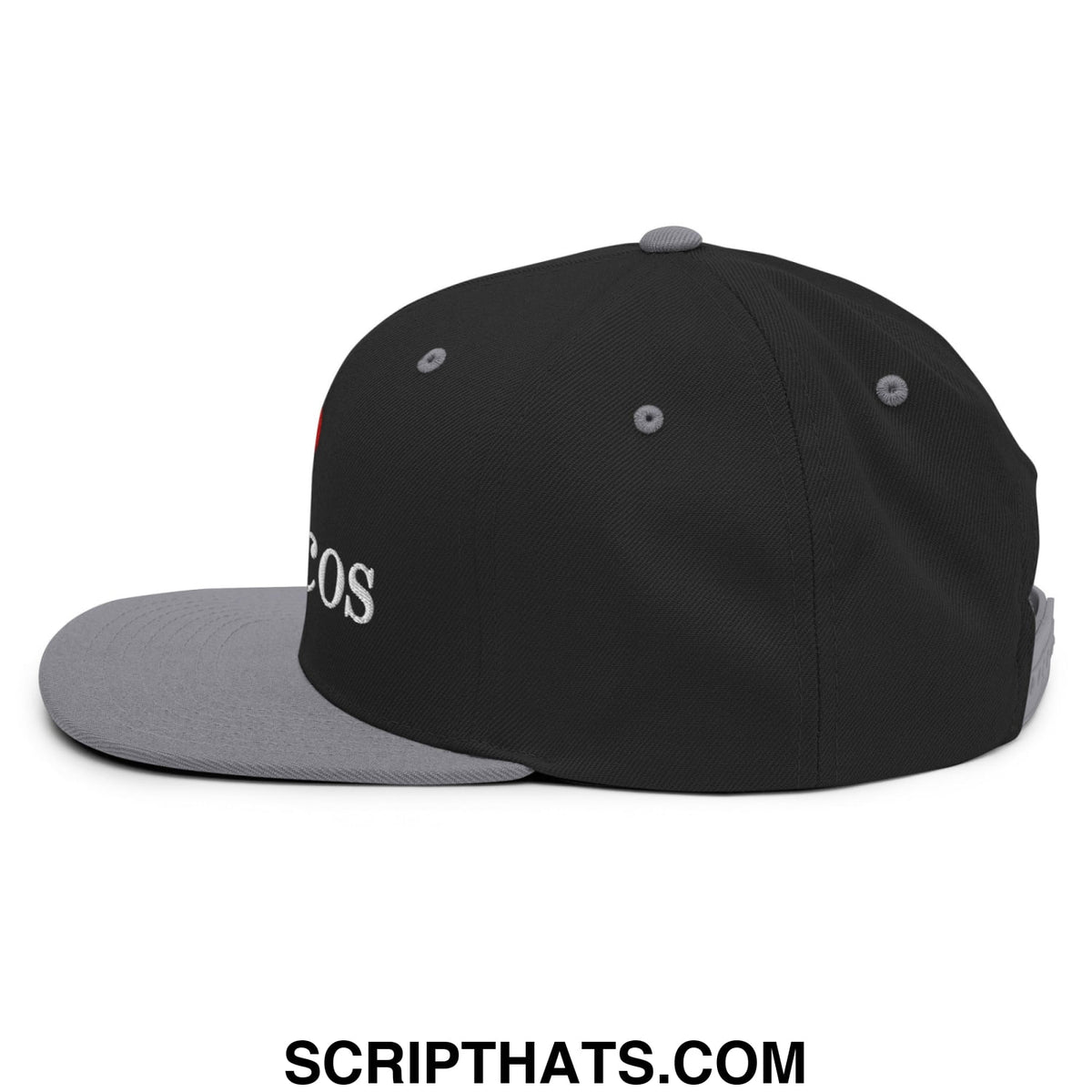 Black and gray snapback cap with white embroidered i love toxicos text and flat bill brim design