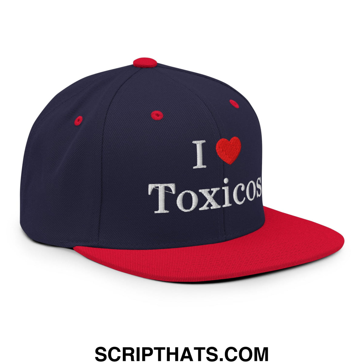 Navy blue and red snapback hat with white embroidered i love toxicos text and a flat bill brim design
