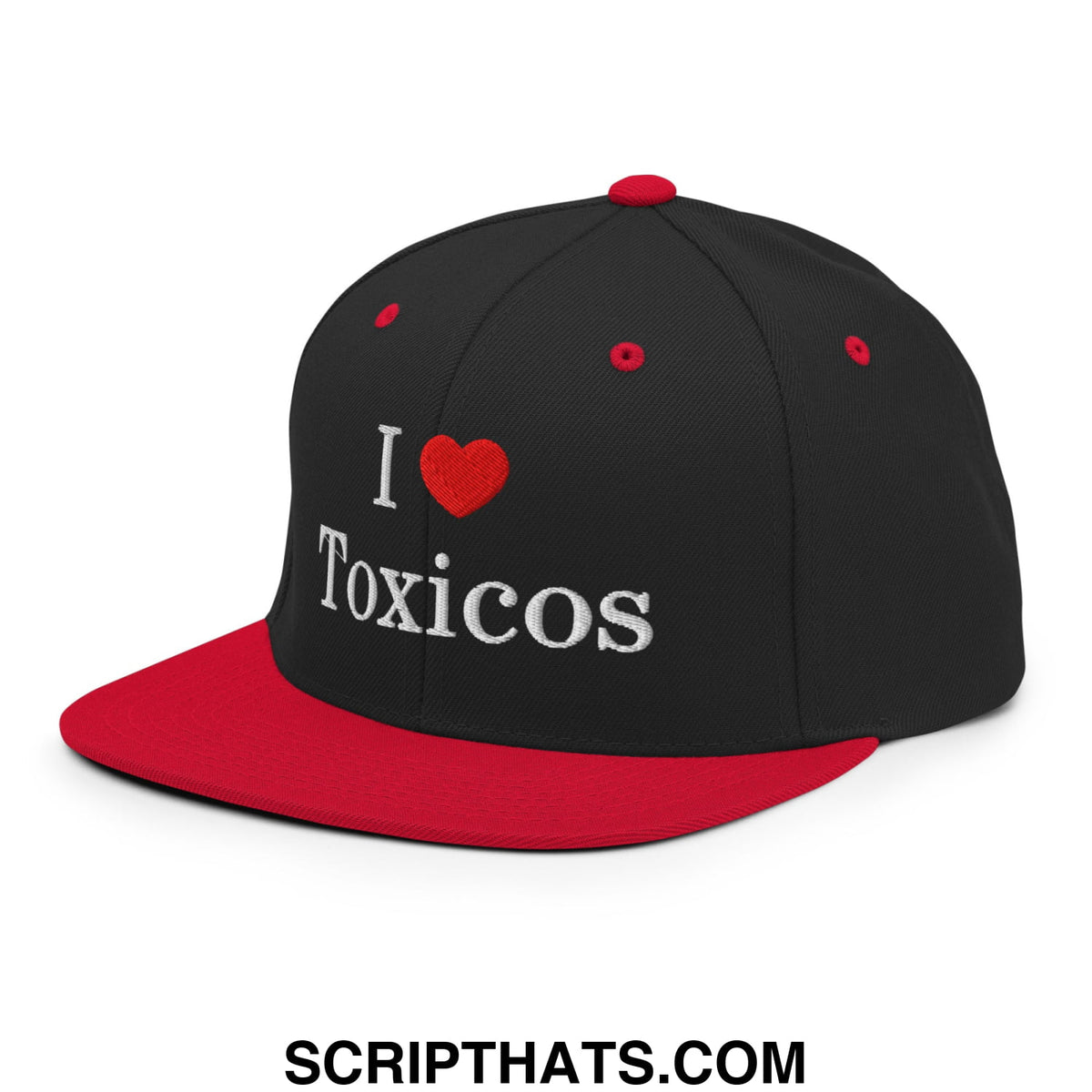 Black and red snapback hat with i love toxicos embroidered in white on the front flat bill brim design