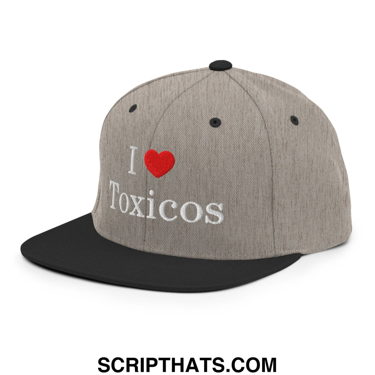 Gray and black snapback hat with i heart toxicos embroidered in white and red on a heathered fabric crown and flat brim