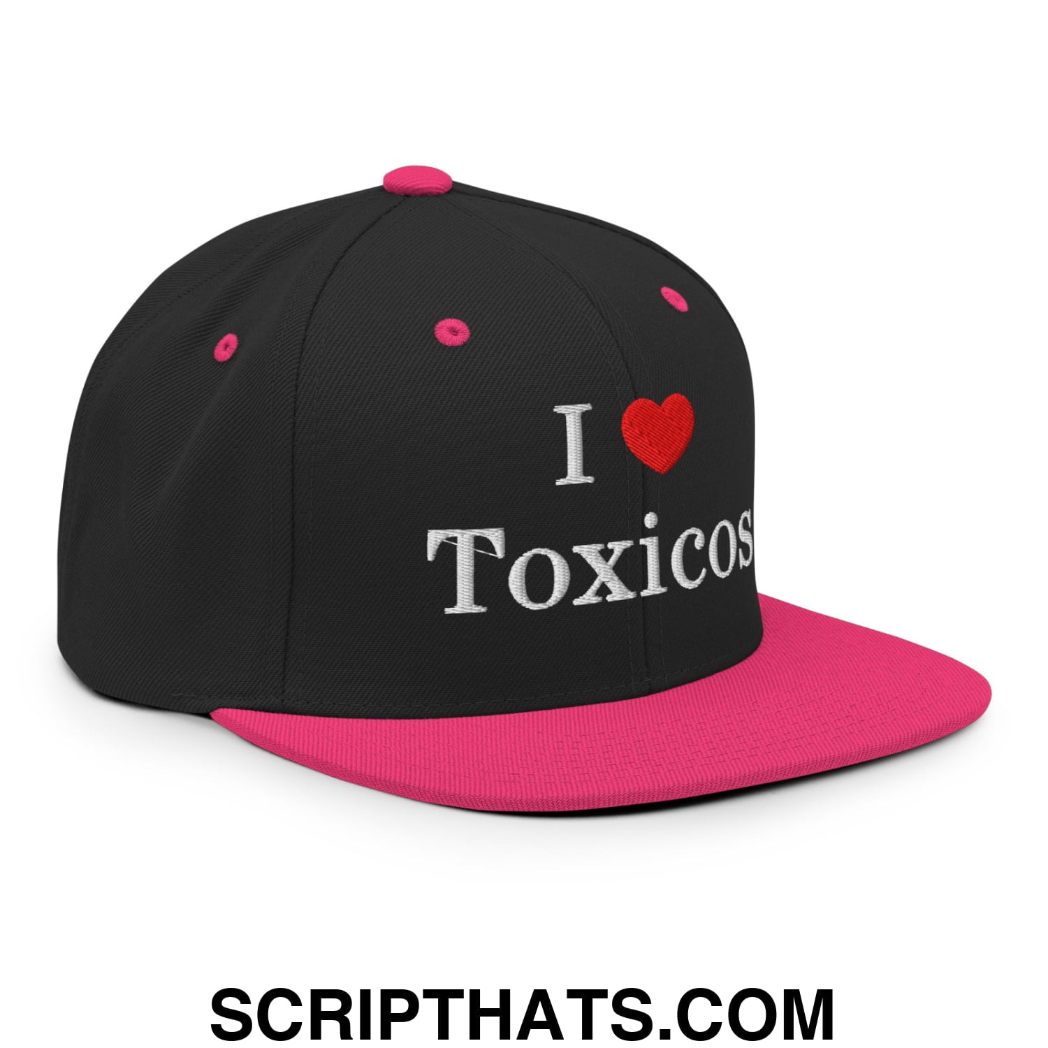 I Love Toxicos Embroidered Flat Bill Brim Snapback Hat Black Neon Pink