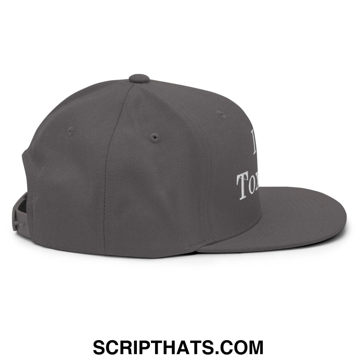 Dark gray I Love Toxicos snapback cap with white embroidered script lettering on the side and flat bill brim