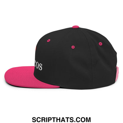 Black and pink snapback cap with white embroidered i love toxicos lettering on the side flat bill brim hat