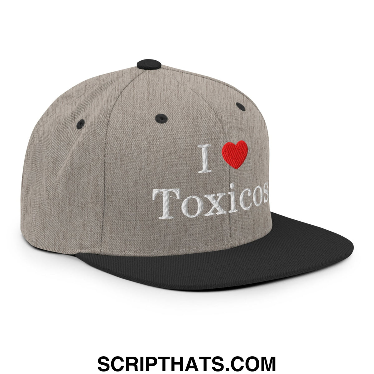 Gray and black snapback hat with white embroidered i love toxicos text on front flat bill brim design