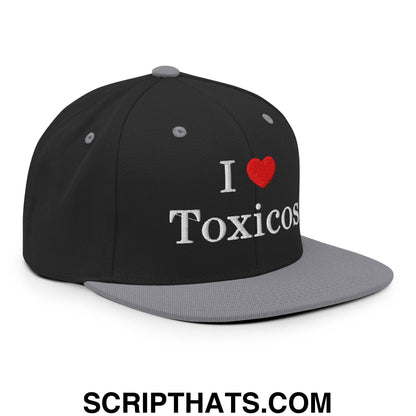 I Love Toxicos Embroidered Flat Bill Brim Snapback Hat Black Silver