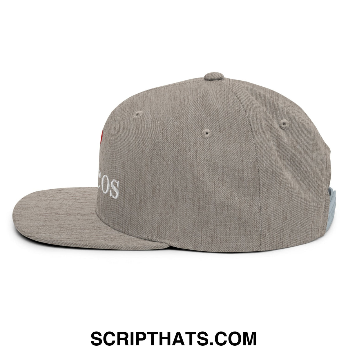 Gray heathered snapback cap with white embroidered i love toxicos text on the side flat bill brim hat