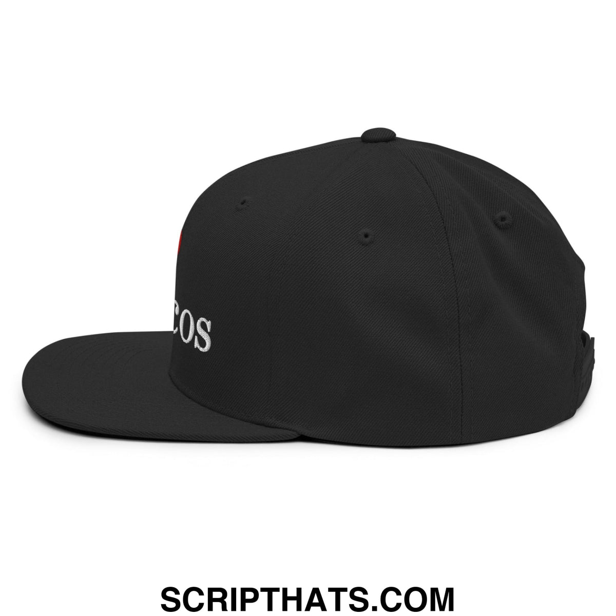 Black snapback cap with white embroidered i love toxicos lettering and a flat bill brim design