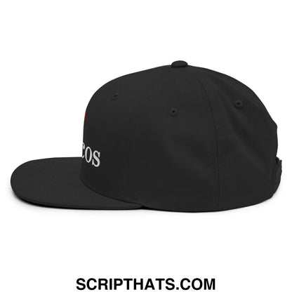 Black snapback cap with white embroidered i love toxicos lettering and a flat bill brim design