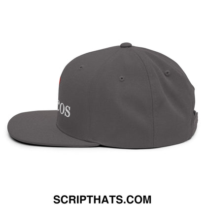 Dark gray snapback cap with white embroidered i heart cos text on the side featuring flat bill brim design