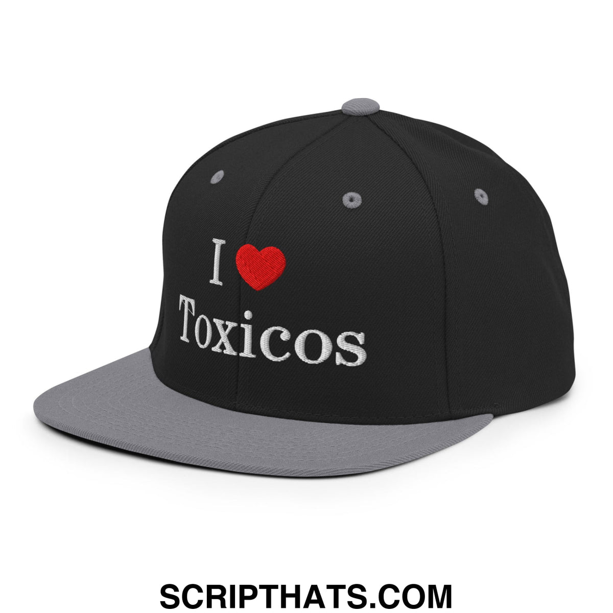 Black and gray snapback hat with i love toxicos white embroidery and red heart on flat bill brim