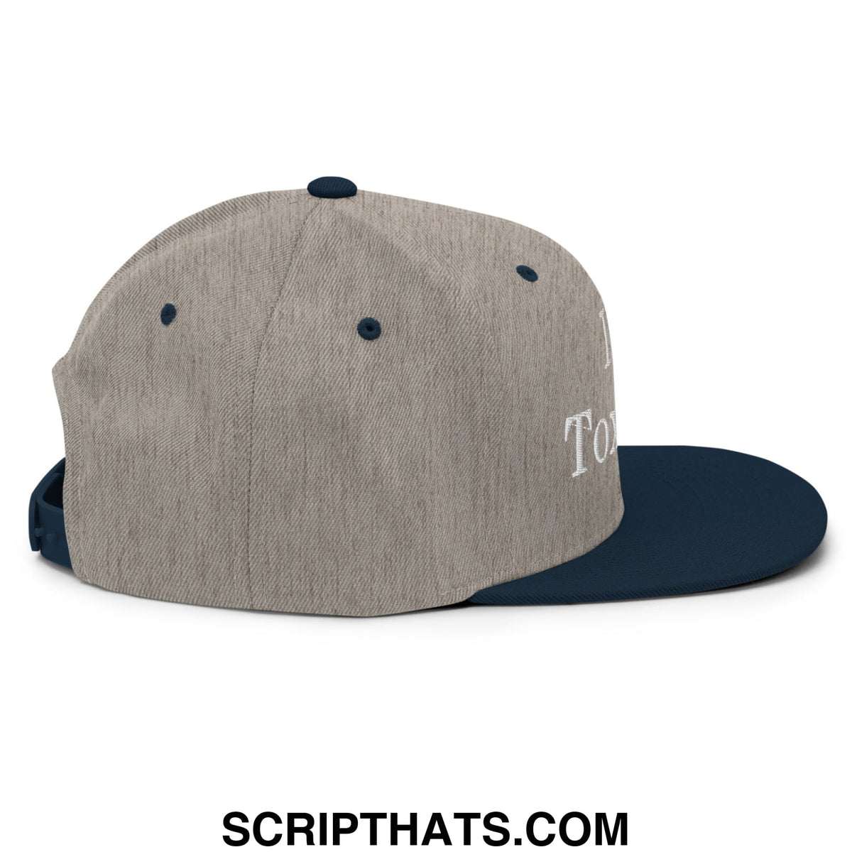 A heather gray snapback hat with a navy blue brim and white embroidered i love toxicos script on the side