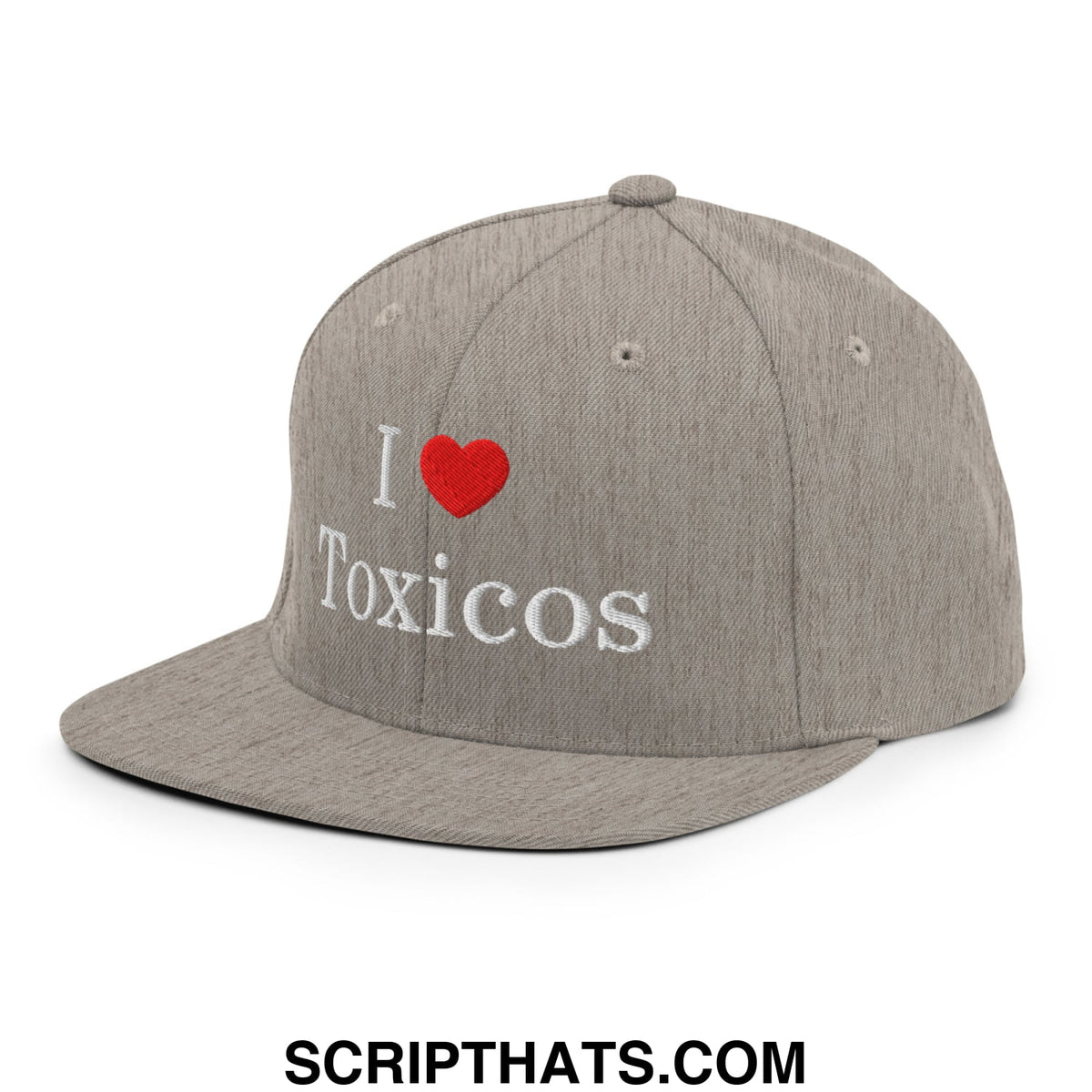 Gray snapback hat with i love toxicos embroidered in white and red on flat bill brim for casual wear