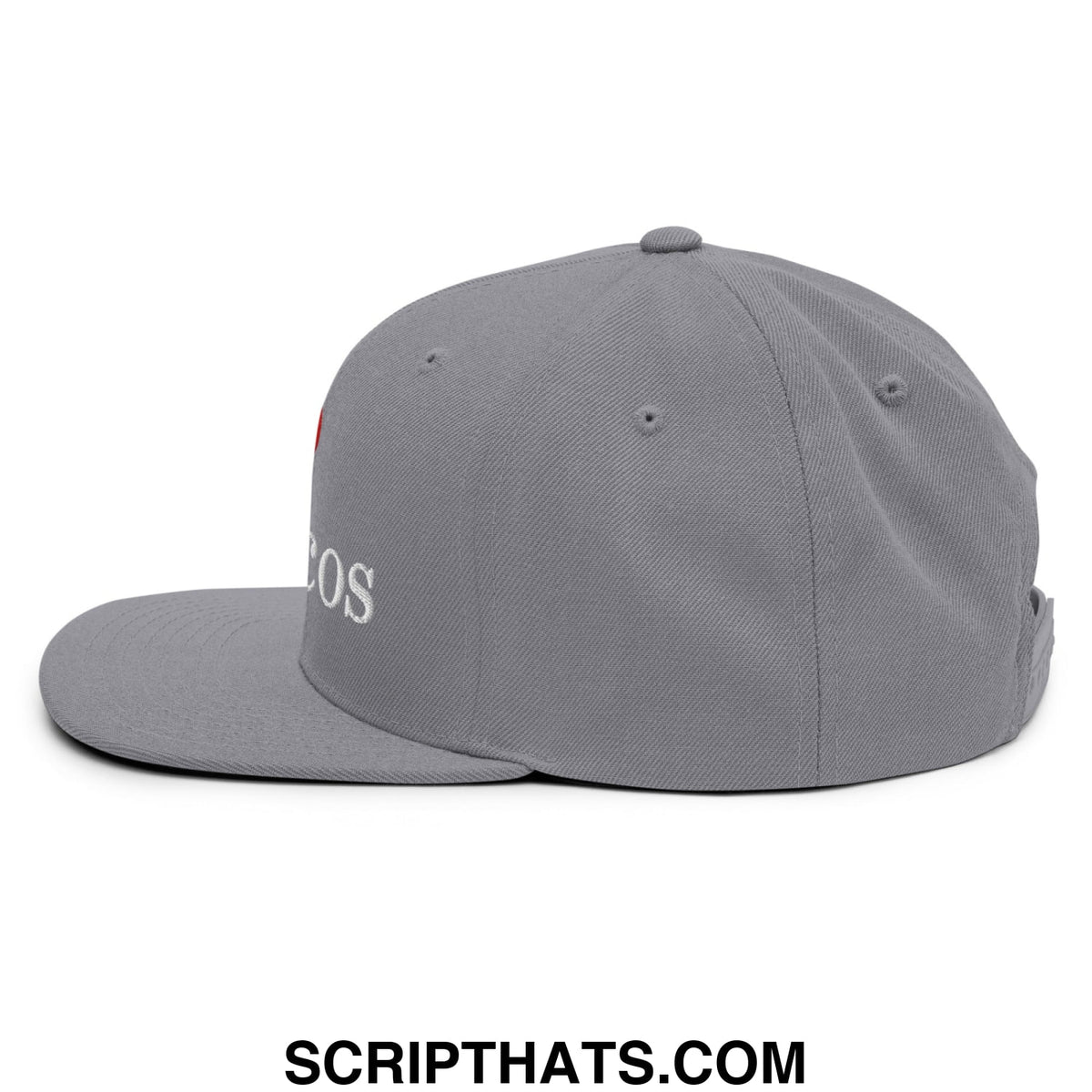Gray snapback cap with white embroidered i love toxicos text and a small red heart above the flat bill brim