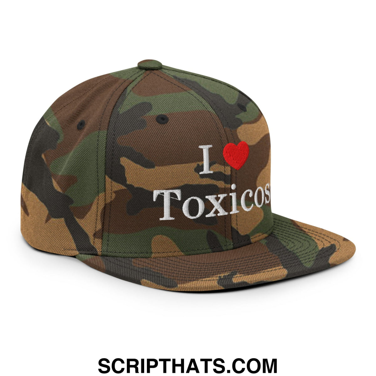 Camouflage-patterned snapback cap with i love toxicos embroidered in white and red flat bill brim hat