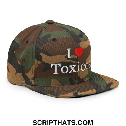 Camouflage-patterned snapback cap with i love toxicos embroidered in white and red flat bill brim hat
