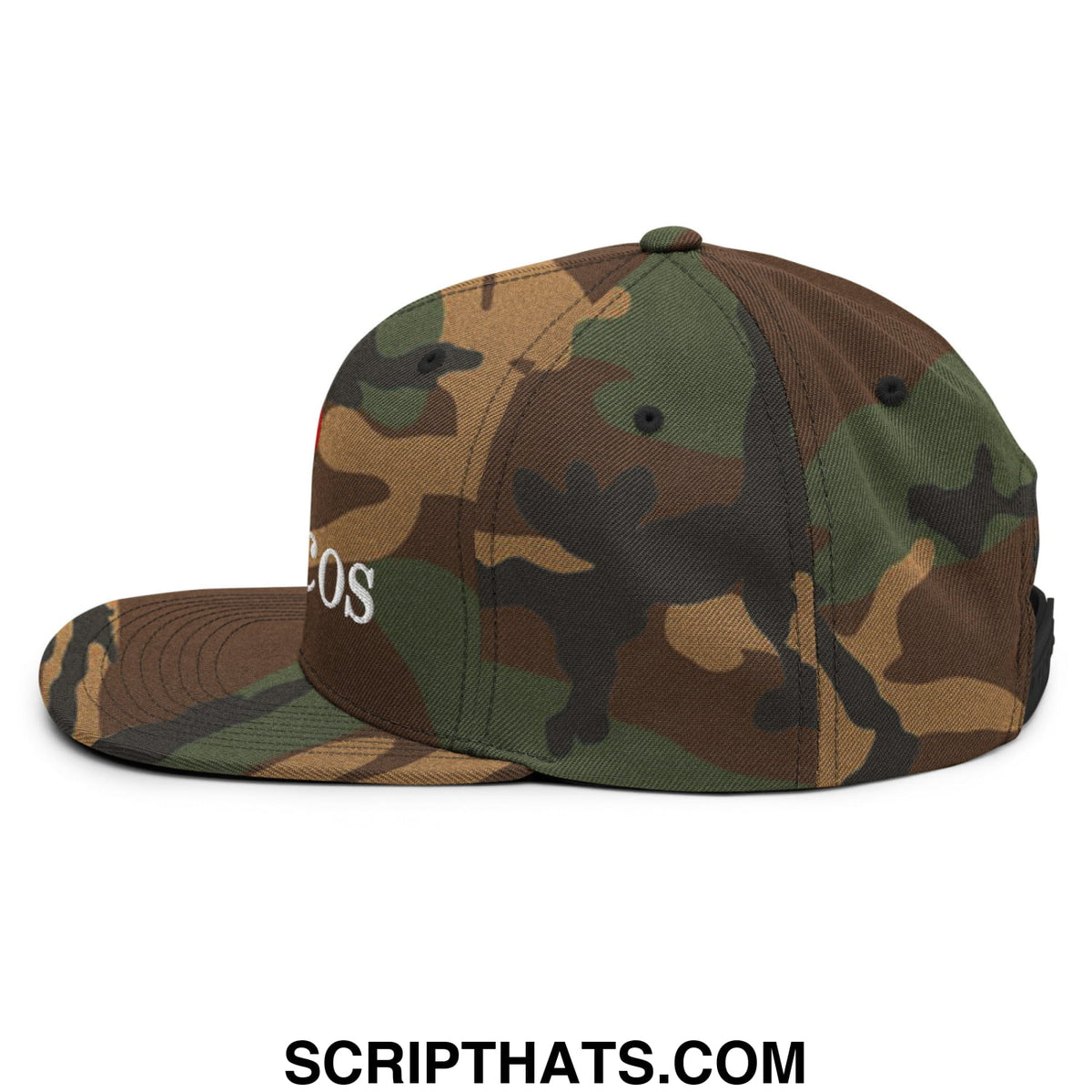 Camouflage snapback cap with white embroidered i love toxicos lettering and flat bill brim