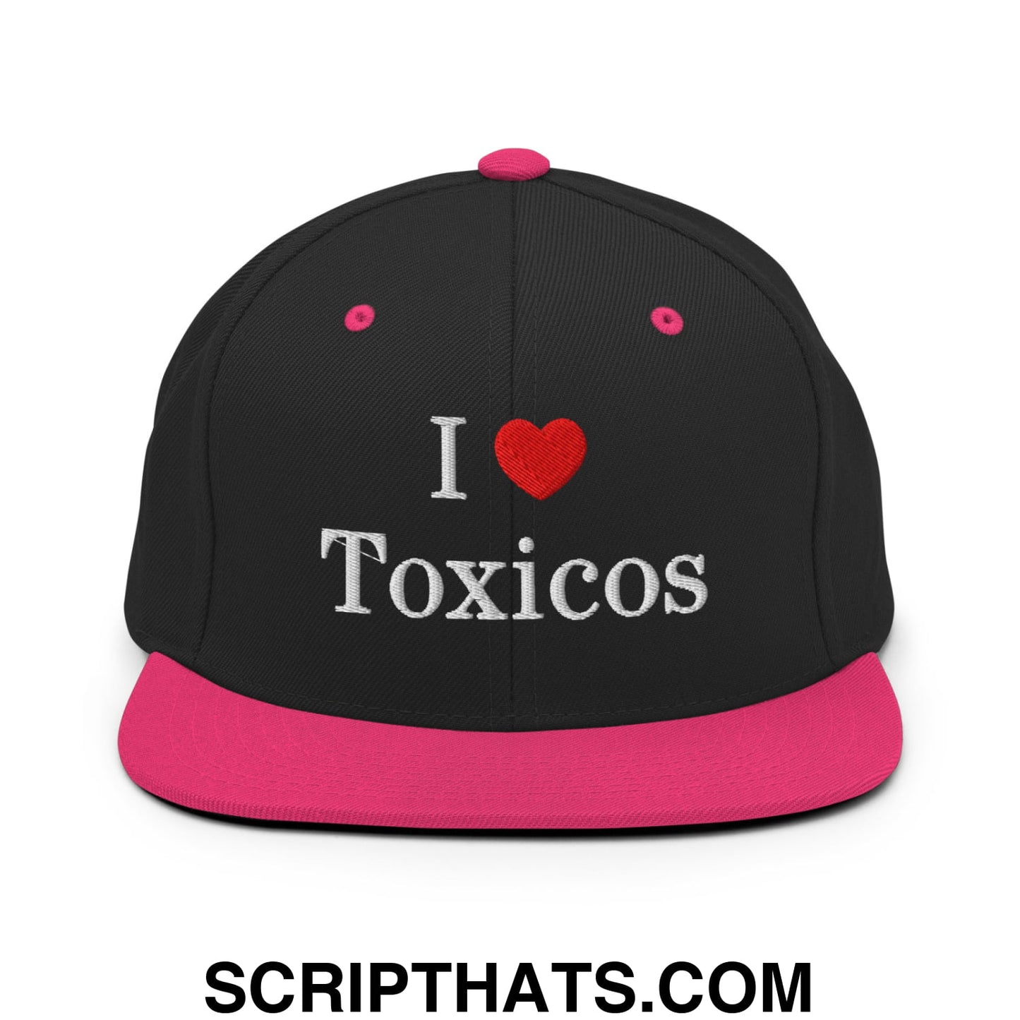I Love Toxicos Embroidered Flat Bill Brim Snapback Hat Black Neon Pink