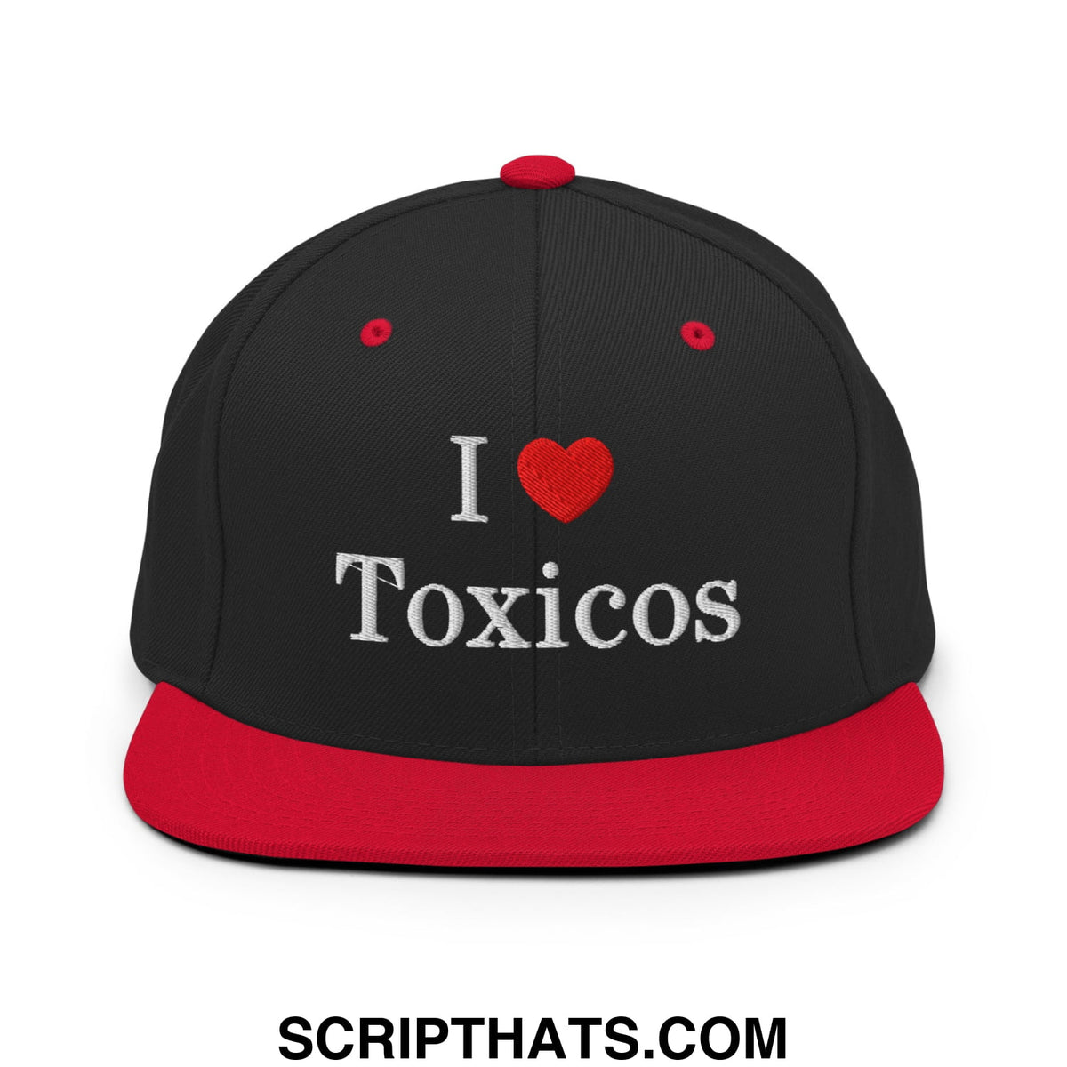 Black and red snapback cap with white embroidered i heart toxicos text on the front flat bill brim design