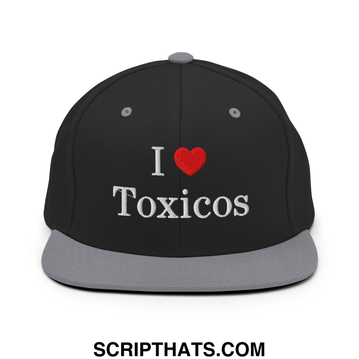 Black snapback cap with gray brim and embroidered white i heart toxicos text made of fabric for casual wear