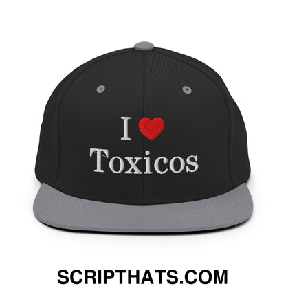 I Love Toxicos Embroidered Flat Bill Brim Snapback Hat Black Silver