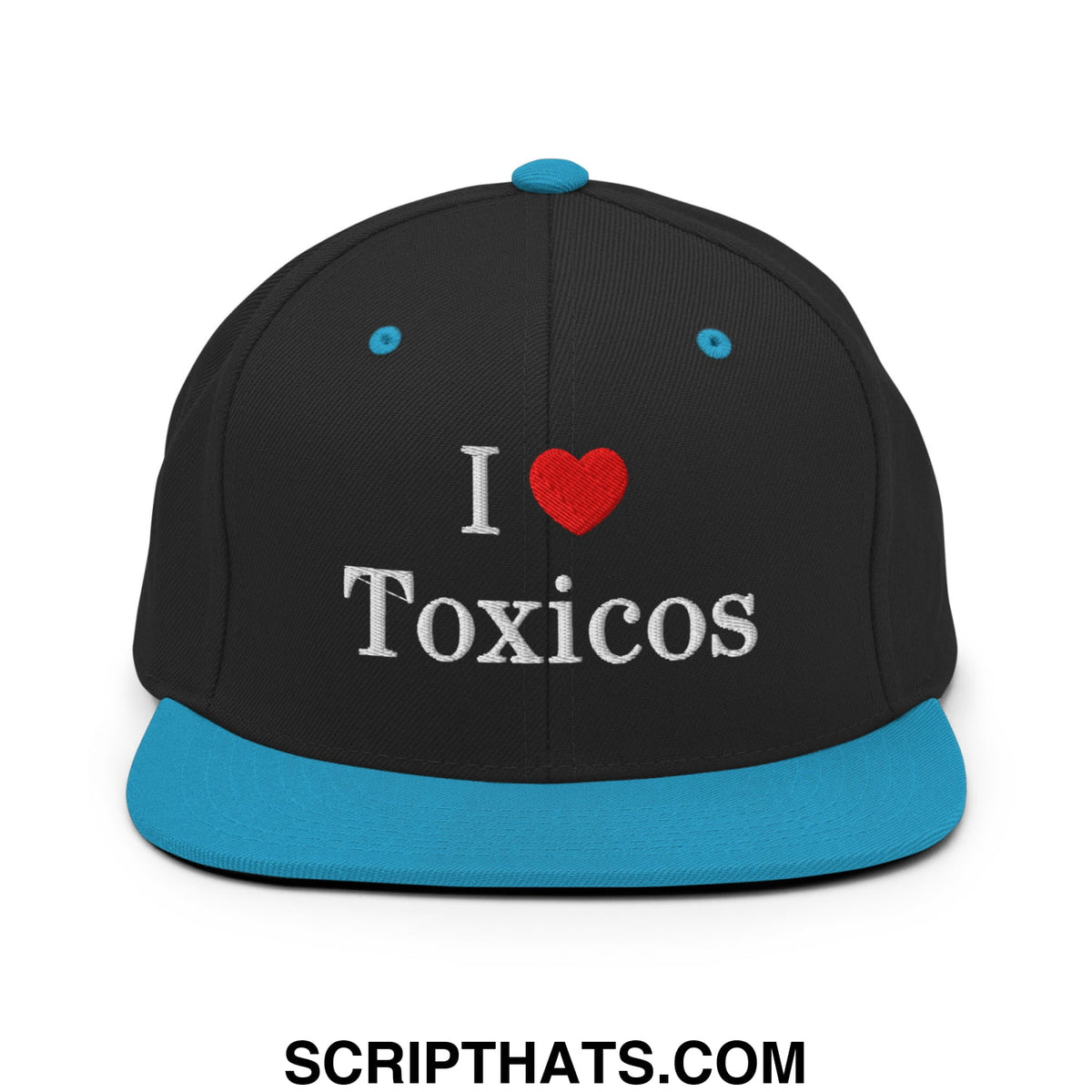 Black snapback hat with flat bill brim featuring embroidered white i heart toxicos text and blue brim and button