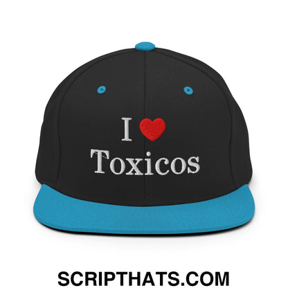 I Love Toxicos Embroidered Flat Bill Brim Snapback Hat Black Teal