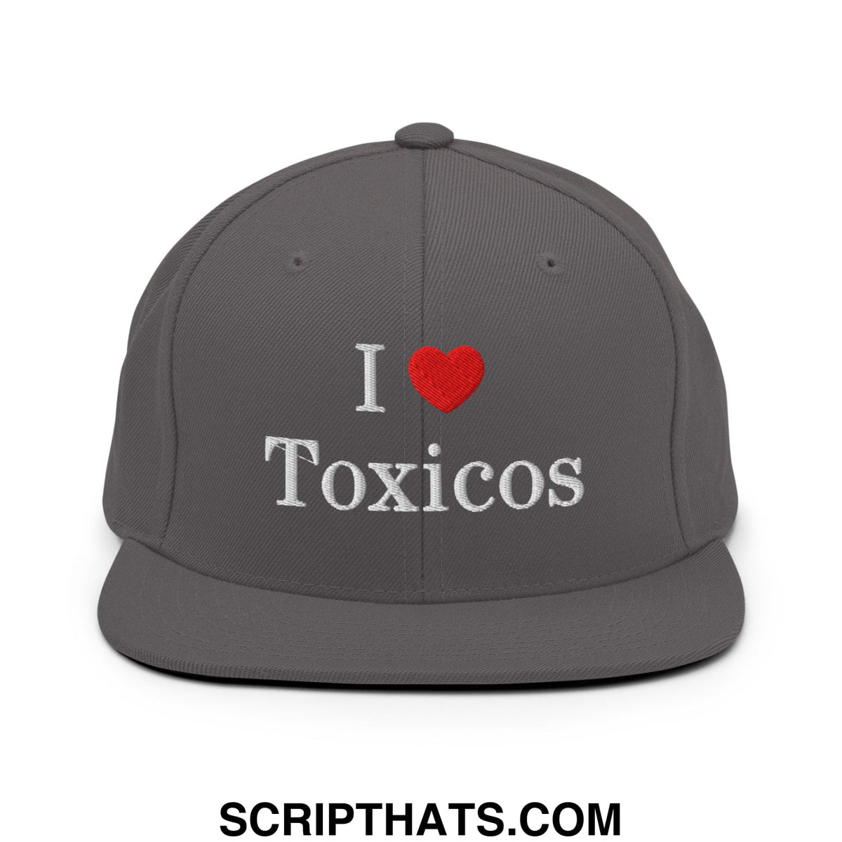 Gray snapback hat with white embroidered i love toxicos text and red heart on flat bill brim
