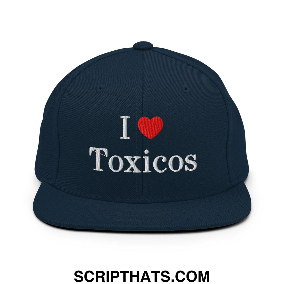 Navy blue snapback hat with white embroidered i heart toxicos text and red heart on flat bill brim