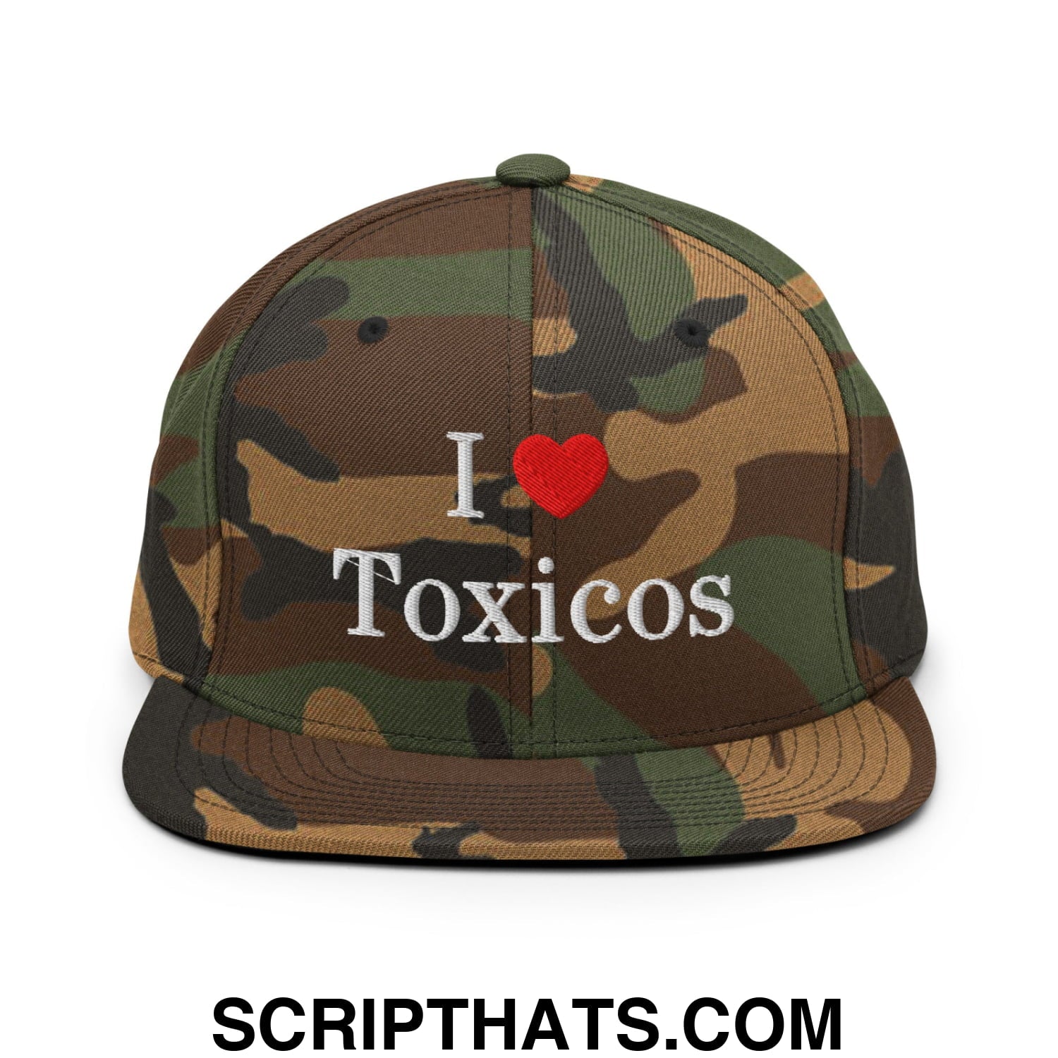 I Love Toxicos Embroidered Flat Bill Brim Snapback Hat Green Camo