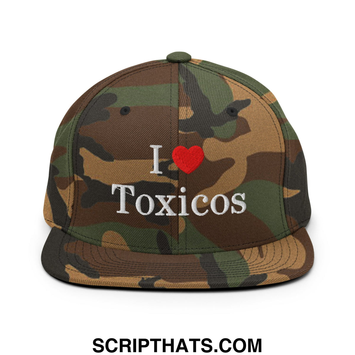 Camouflage snapback cap with i heart toxicos embroidered in white and red flat bill brim hat