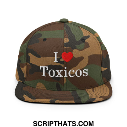 Camouflage snapback cap with i heart toxicos embroidered in white and red flat bill brim hat