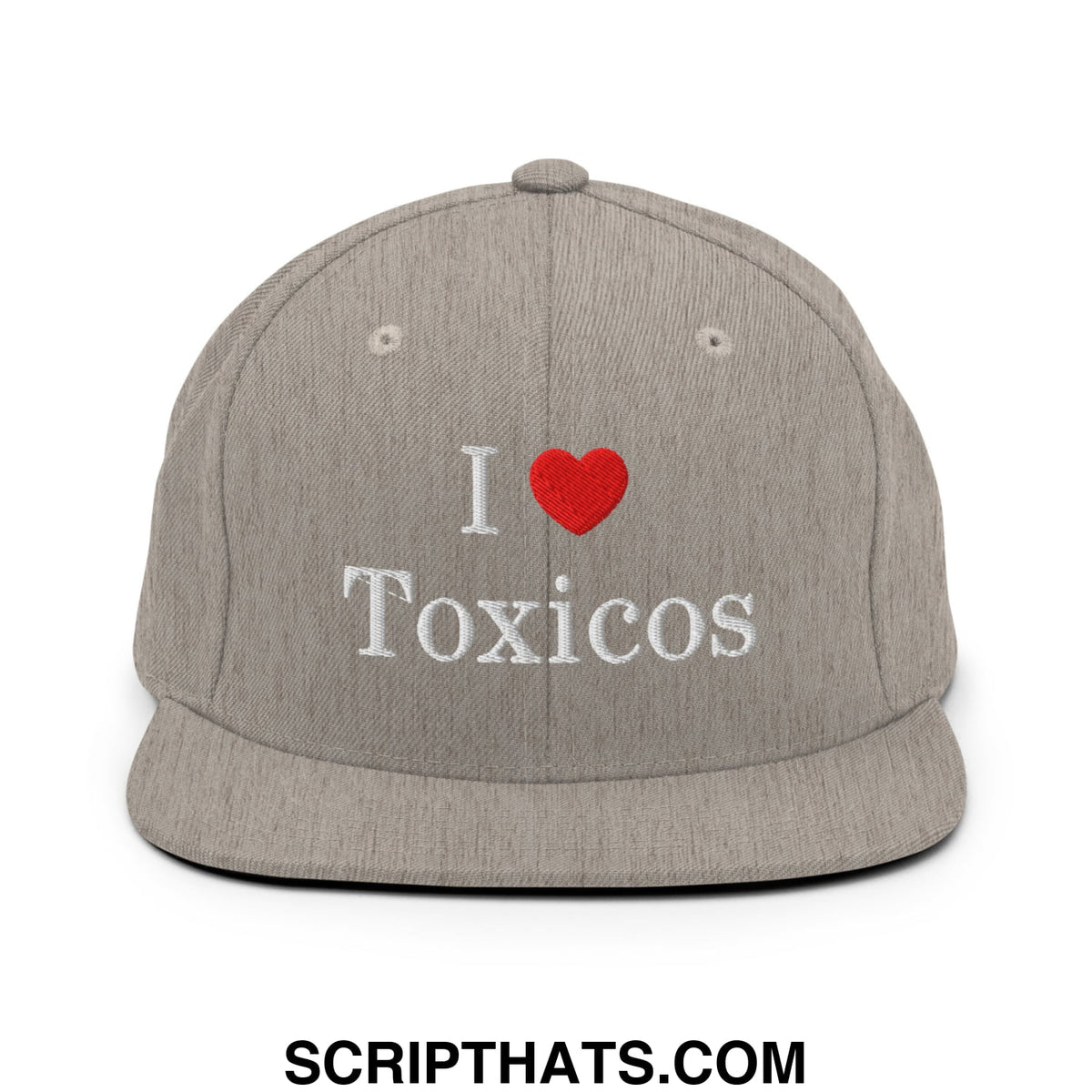 Gray snapback hat with white embroidered i heart toxicos text and red heart on flat bill brim for casual wear