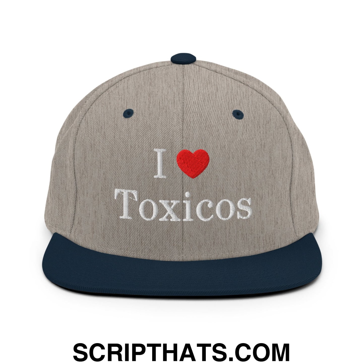 I Love Toxicos Embroidered Flat Bill Brim Snapback Hat Heather Grey Navy