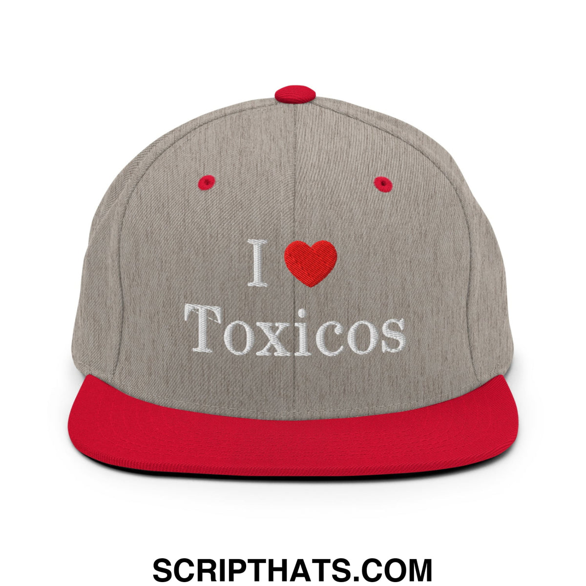 Gray and red snapback hat with i love toxicos embroidered in white on the front flat bill brim cap