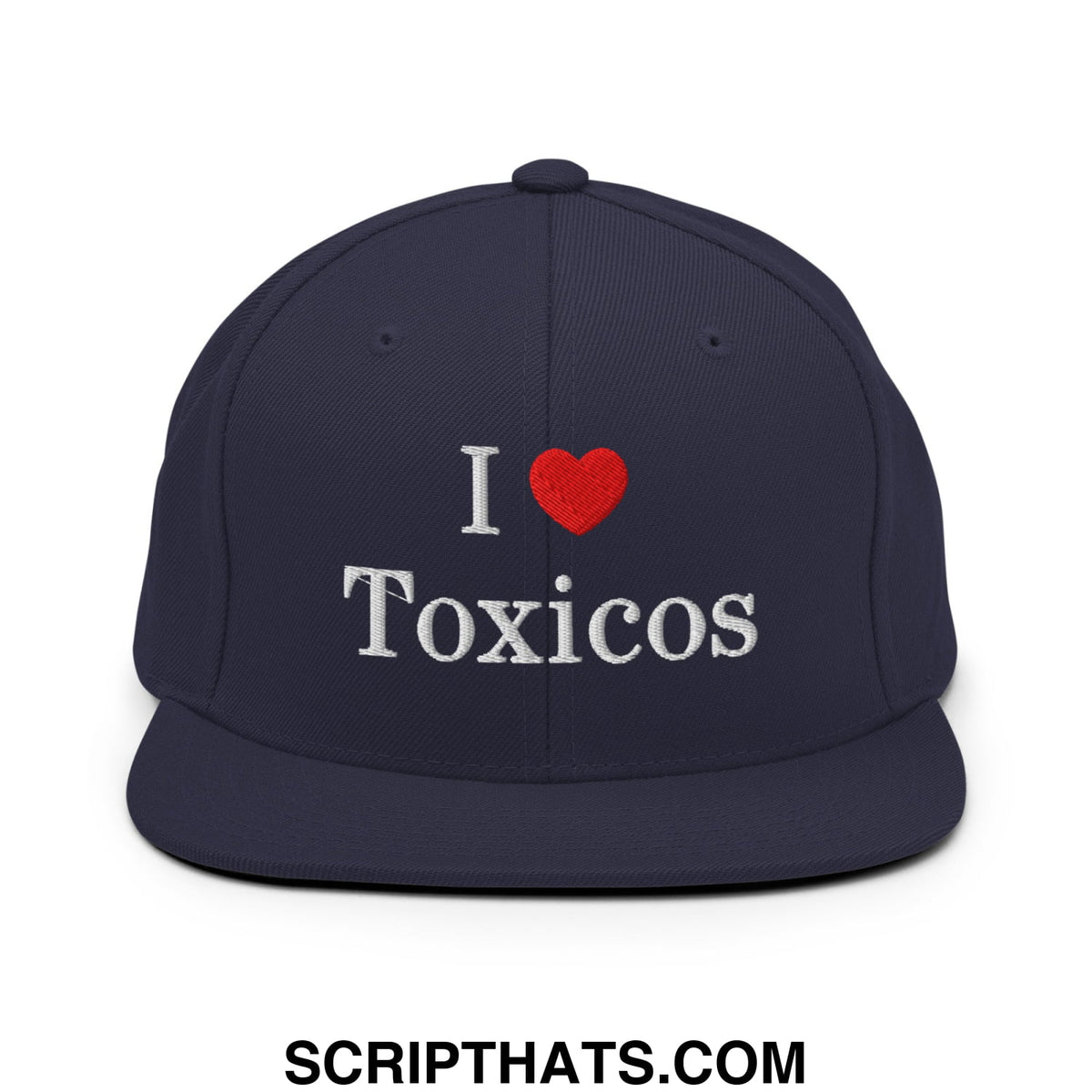 Navy blue flat bill snapback hat with white embroidered i heart toxicos text and a red heart symbol