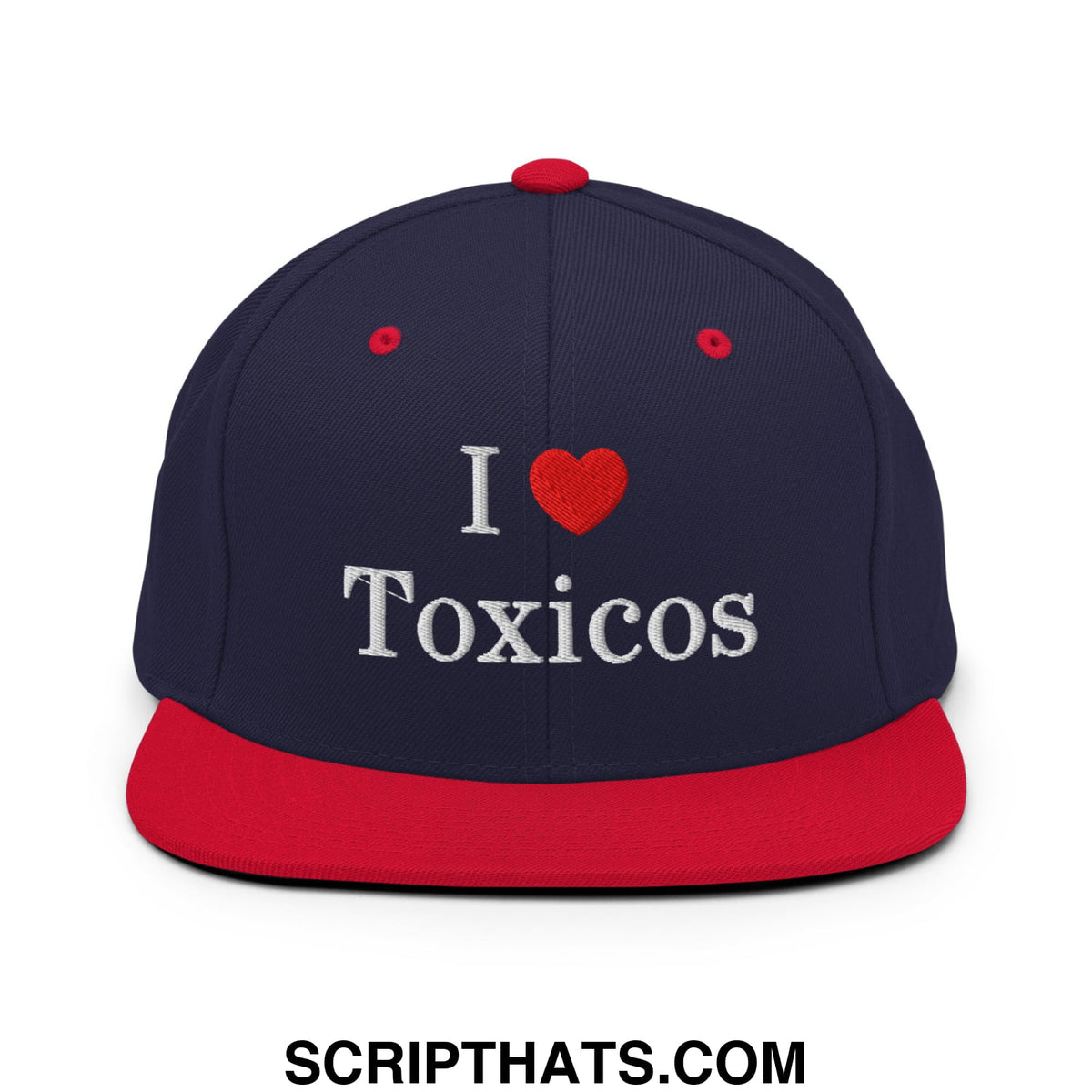 Navy blue and red snapback hat with white embroidered i love toxicos text and flat bill brim design