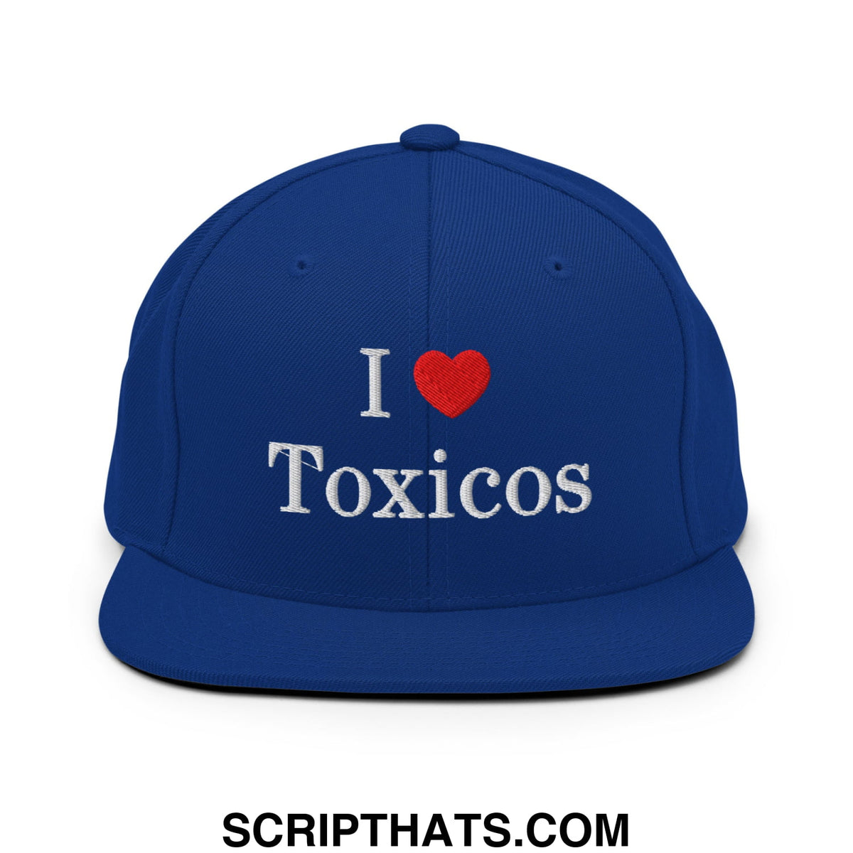Royal blue snapback hat with white embroidered i heart toxicos text and red heart flat bill brim design