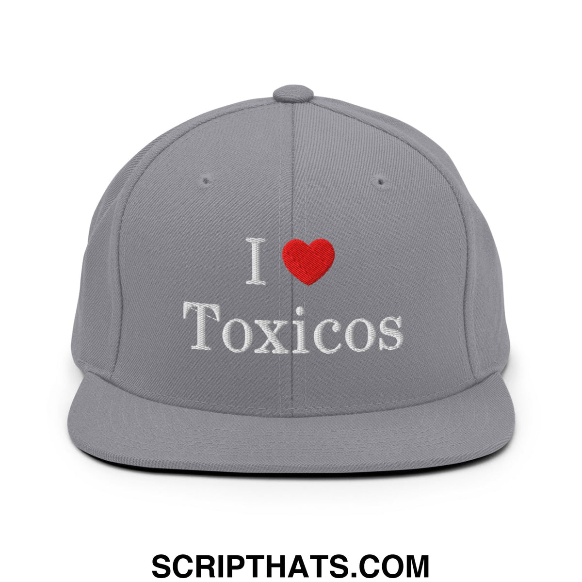 Gray snapback hat with white embroidered i heart toxicos text and red heart symbol on flat bill brim