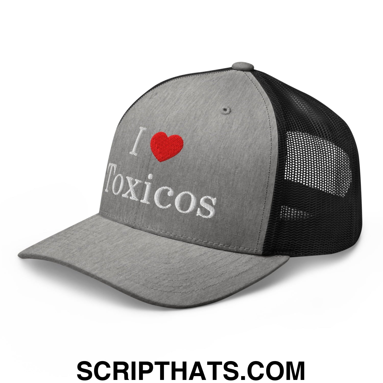 I Love Toxicos Embroidered Mesh Trucker Hat Heather Black