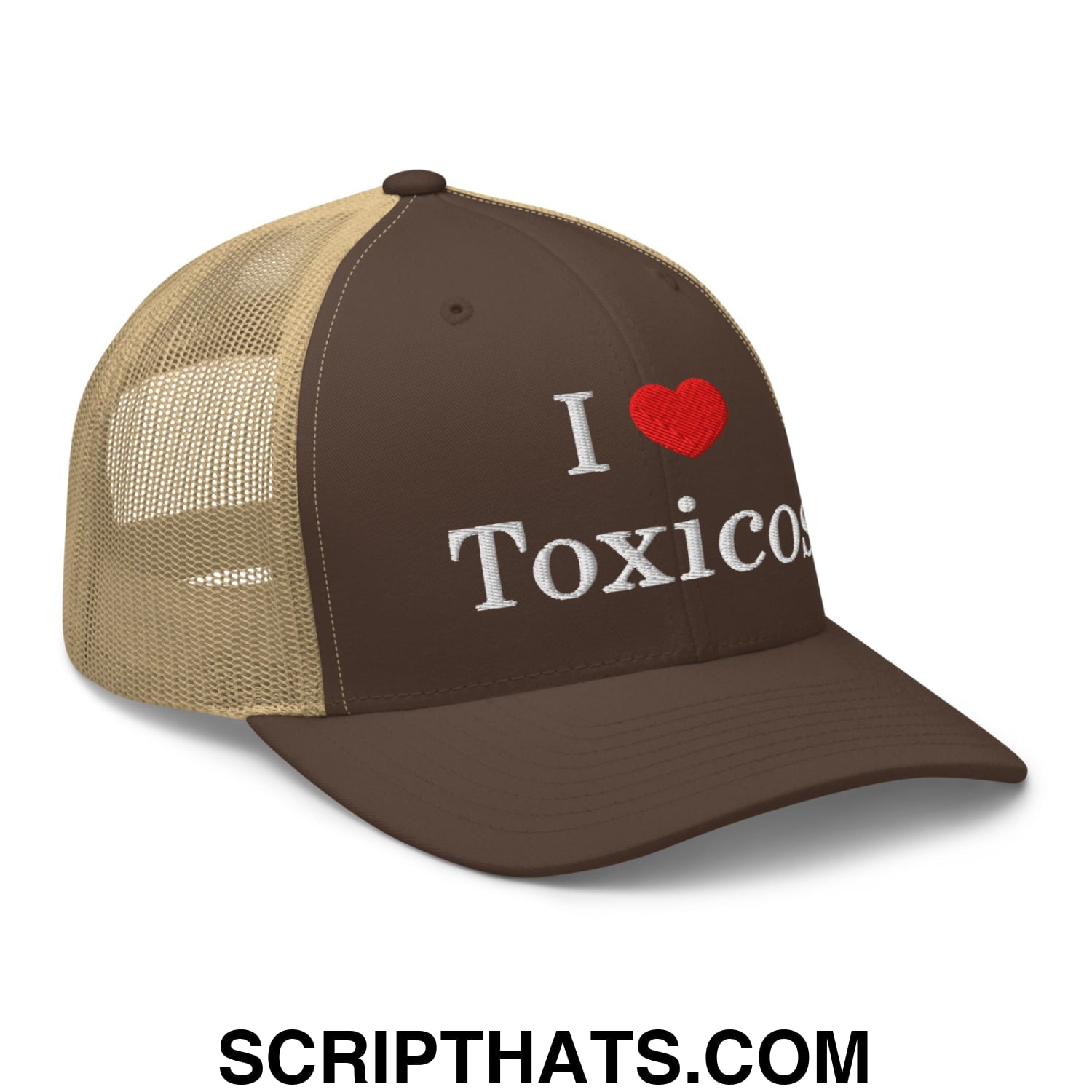 I Love Toxicos Embroidered Mesh Trucker Hat Brown Khaki